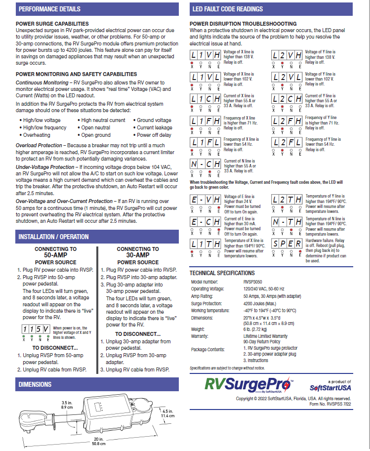 RVSurgePro product sheet easily protects power surge damage